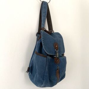 DaVan Blue Canvas Brown Leather Backpack Crossbody Pockets Casual Everyday bag